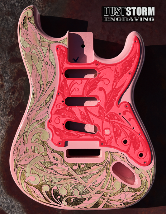 Custom Laser Engraved Pink Fender Strat Style Guitar Body with Glossy Red Acrylic Pickguard and Tremolo Cover HSH, HSS, SSS Setups Available