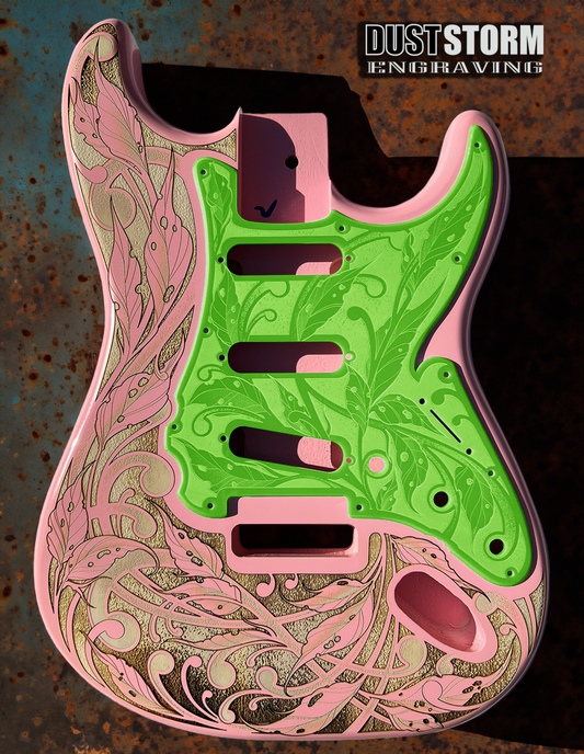 Custom Laser Engraved Pink Fender Strat Style Guitar Body with Glossy Slimer Green Acrylic Pickguard and Tremolo Cover HSH, HSS, SSS Setups Available