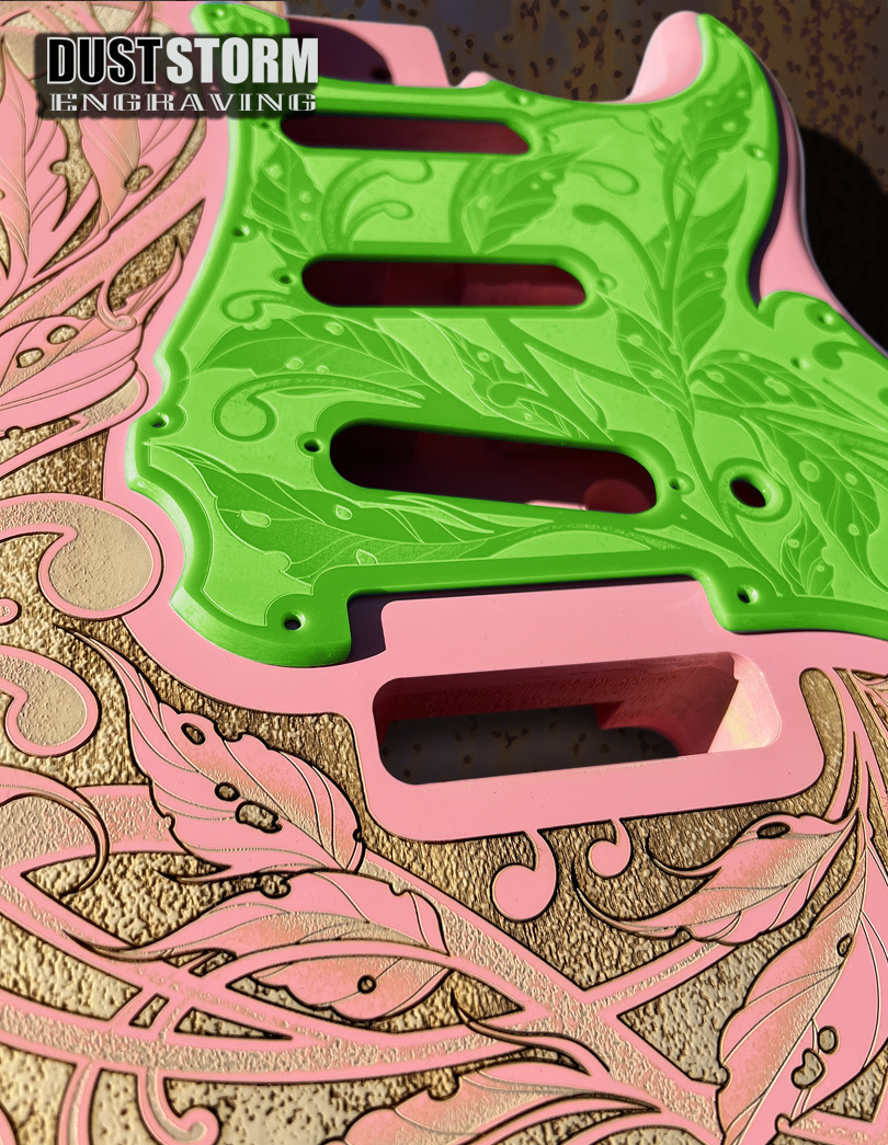 Custom Laser Engraved Pink Fender Strat Style Guitar Body with Glossy Slimer Green Acrylic Pickguard and Tremolo Cover HSH, HSS, SSS Setups Available