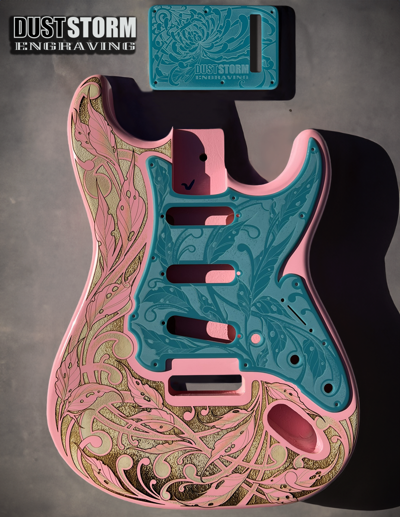 Custom Laser Engraved Pink Fender Strat Style Guitar Body with Glossy Teal Acrylic Pickguard and Tremolo Cover HSH, HSS, SSS Setups Available