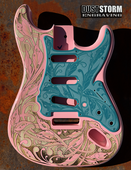 Custom Laser Engraved Pink Fender Strat Style Guitar Body with Glossy Teal Acrylic Pickguard and Tremolo Cover HSH, HSS, SSS Setups Available