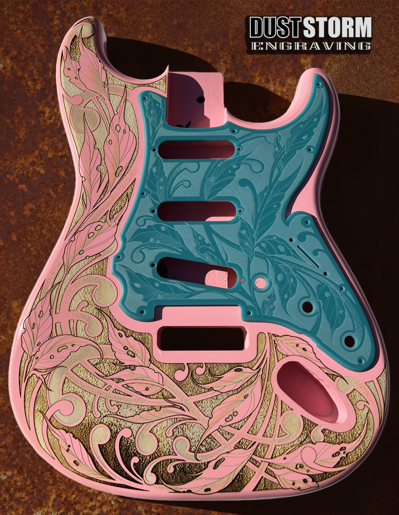 Custom Laser Engraved Pink Fender Strat Style Guitar Body with Glossy Teal Acrylic Pickguard and Tremolo Cover HSH, HSS, SSS Setups Available