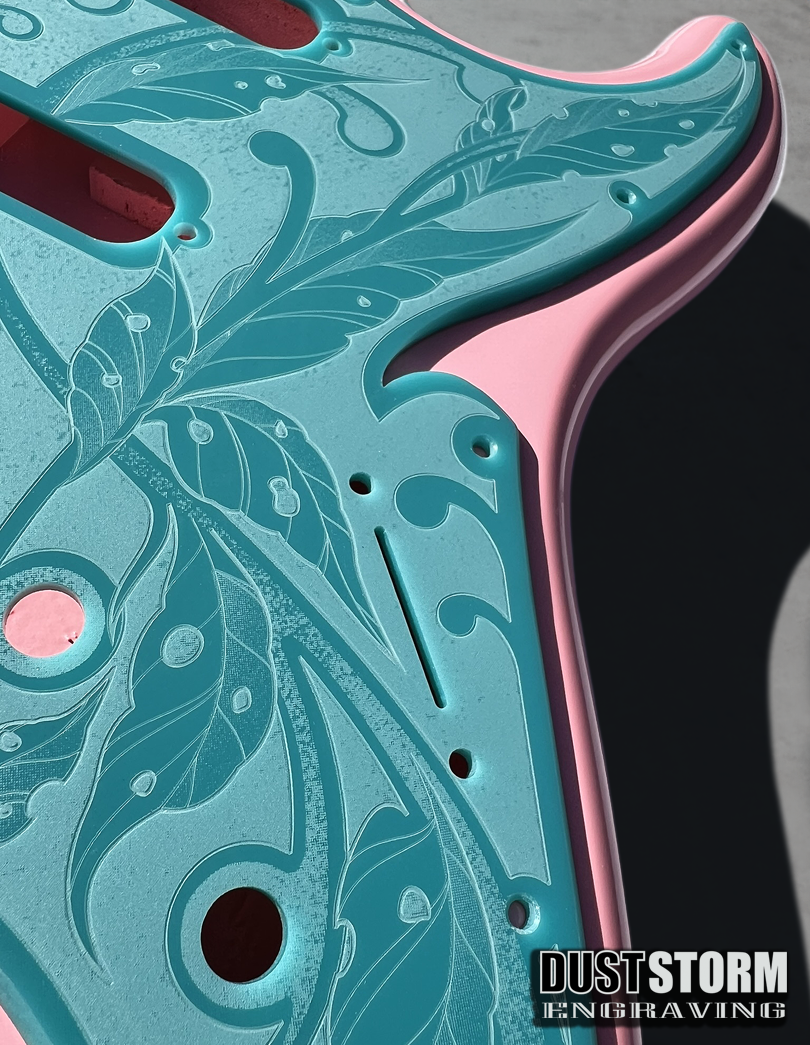 Custom Laser Engraved Pink Fender Strat Style Guitar Body with Glossy Teal Acrylic Pickguard and Tremolo Cover HSH, HSS, SSS Setups Available