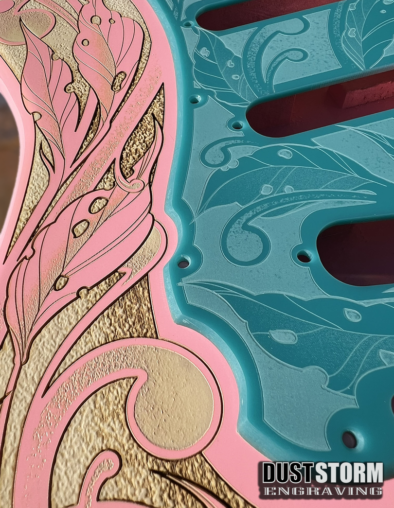 Custom Laser Engraved Pink Fender Strat Style Guitar Body with Glossy Teal Acrylic Pickguard and Tremolo Cover HSH, HSS, SSS Setups Available