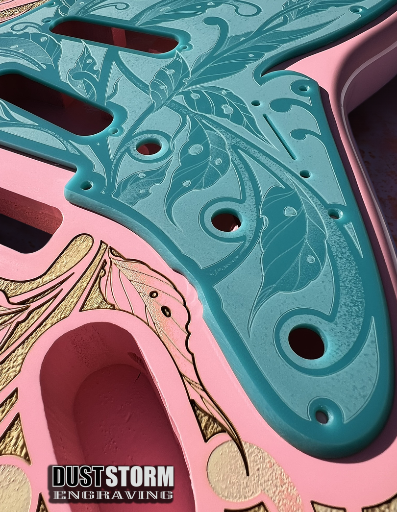 Custom Laser Engraved Pink Fender Strat Style Guitar Body with Glossy Teal Acrylic Pickguard and Tremolo Cover HSH, HSS, SSS Setups Available
