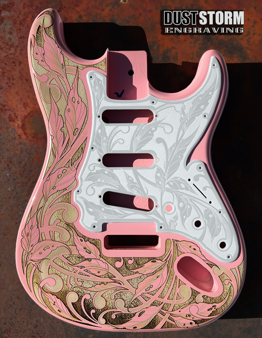 Custom Laser Engraved Pink Fender Strat Style Guitar Body with Glossy White Acrylic Pickguard and Tremolo Cover HSH, HSS, SSS Setups Available