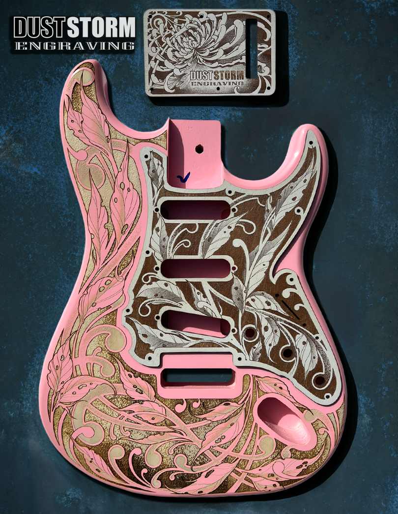 Engraved Pickguard & Free Tremolo Cover in Cherry Wood Veneer Design #3 for Fender Stratocaster SSS, HSS, HSH Setups Available