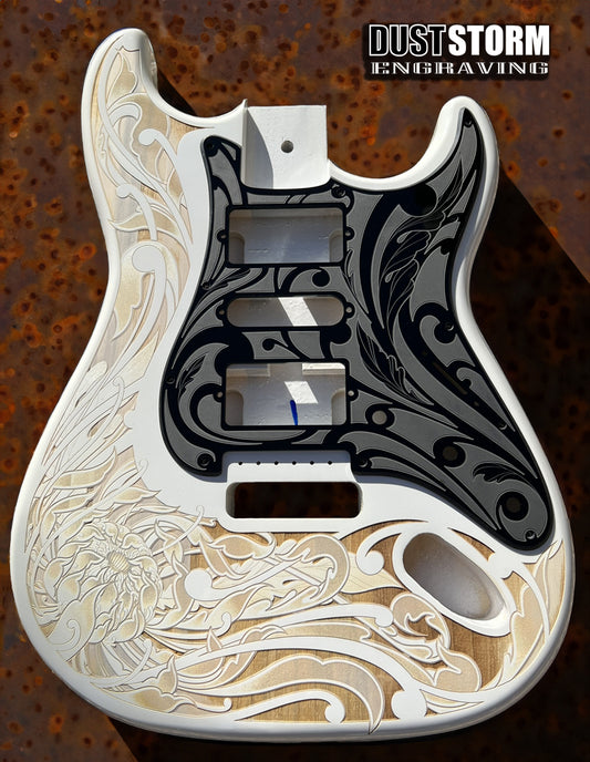 Custom Laser Engraved White Fender Strat Style Guitar Body with Glossy Black Acrylic Pickguard and Tremolo Cover HSH, HSS, SSS Setups Available