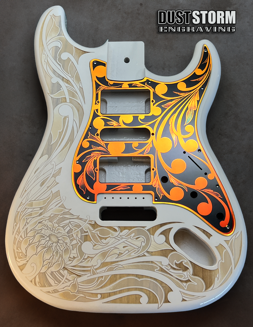Custom Laser Engraved White Fender Strat Style Guitar Body with Iridescent Gold Acrylic Mirror Pickguard and Tremolo Cover HSH, HSS, SSS Setups Available