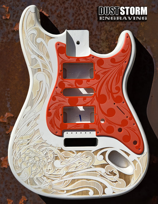 Custom Laser Engraved White Fender Strat Style Guitar Body with Glossy Orange Acrylic Pickguard and Tremolo Cover HSH, HSS, SSS Setups Available