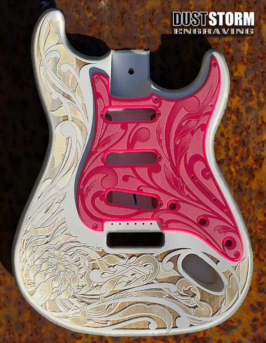 Custom Laser Engraved White Fender Strat Style Guitar Body with Glossy Hot Pink Acrylic Pickguard and Tremolo Cover HSH, HSS, SSS Setups Available