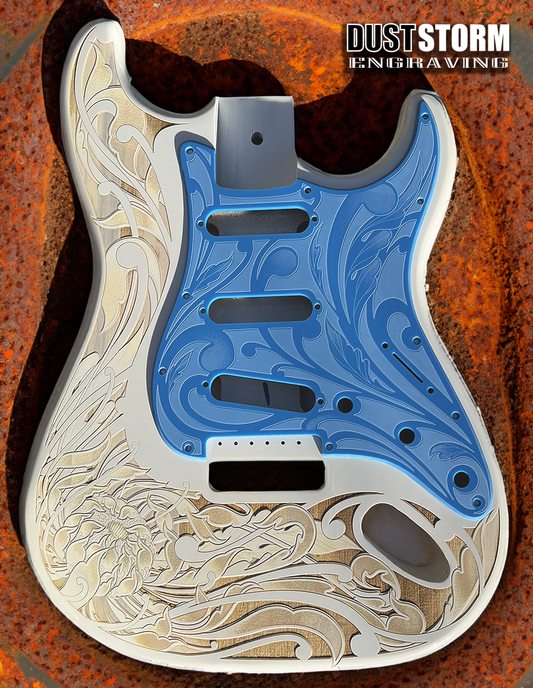 Custom Laser Engraved White Fender Strat Style Guitar Body with Glossy Sky-Blue Acrylic Pickguard and Tremolo Cover HSH, HSS, SSS Setups Available