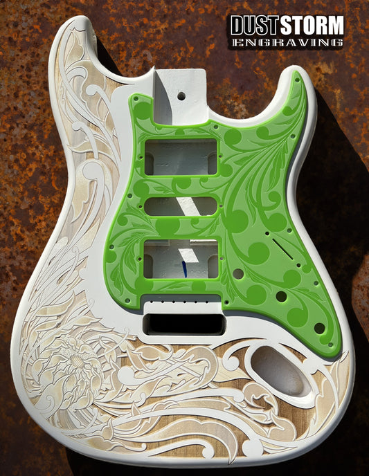Custom Laser Engraved White Fender Strat Style Guitar Body with Glossy Slimer Green Acrylic Pickguard and Tremolo Cover HSH, HSS, SSS Setups Available