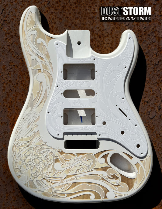 Custom Laser Engraved White Fender Strat Style Guitar Body with Glossy White Acrylic Pickguard and Tremolo Cover HSH, HSS, SSS Setups Available