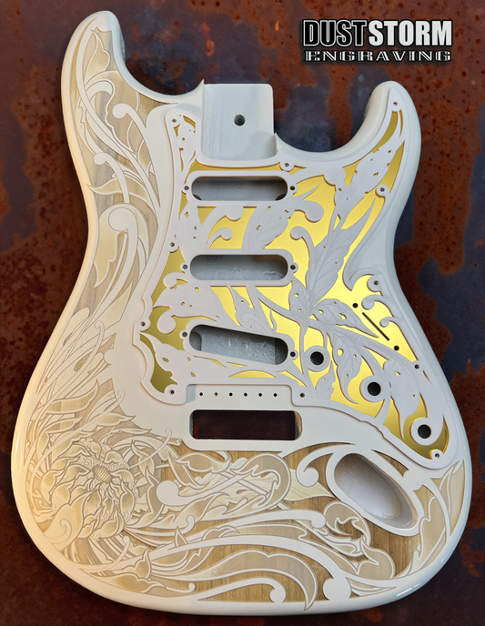 Custom Laser Engraved White Fender Strat Style Guitar Body with White and Gold Layered Pickguard with White Tremolo Cover HSH, HSS, SSS Setups Available