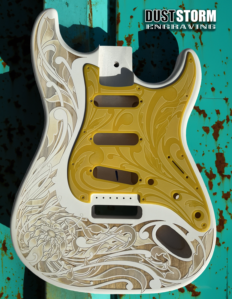 Custom Laser Engraved White Fender Strat Style Guitar Body with Glossy Yellow Acrylic Pickguard and Tremolo Cover HSH, HSS, SSS Setups Available