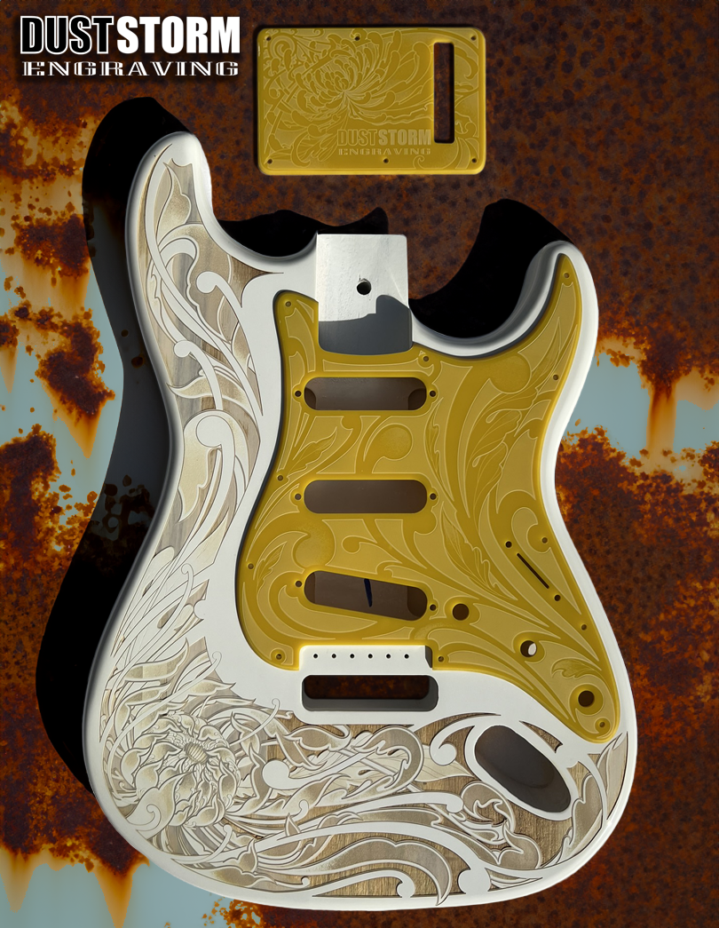 Custom Laser Engraved White Fender Strat Style Guitar Body with Glossy Yellow Acrylic Pickguard and Tremolo Cover HSH, HSS, SSS Setups Available