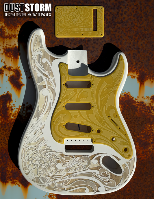 Custom Laser Engraved White Fender Strat Style Guitar Body with Glossy Yellow Acrylic Pickguard and Tremolo Cover HSH, HSS, SSS Setups Available