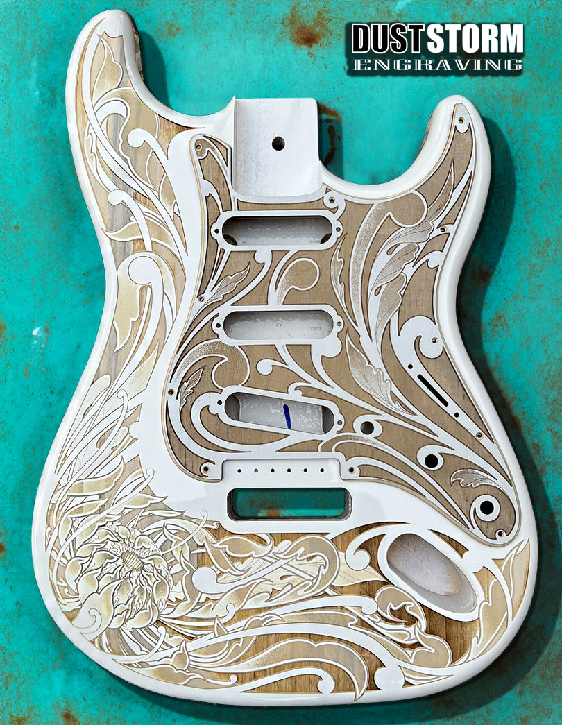 Custom Laser Engraved White Fender Strat Style Guitar Body with Cherry Wood Veneer Pickguard and Tremolo Cover HSH, HSS, SSS Setups Available