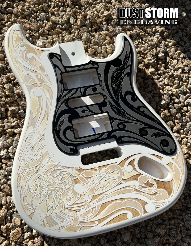 Custom Laser Engraved White Fender Strat Style Guitar Body with Glossy Black Acrylic Pickguard and Tremolo Cover HSH, HSS, SSS Setups Available
