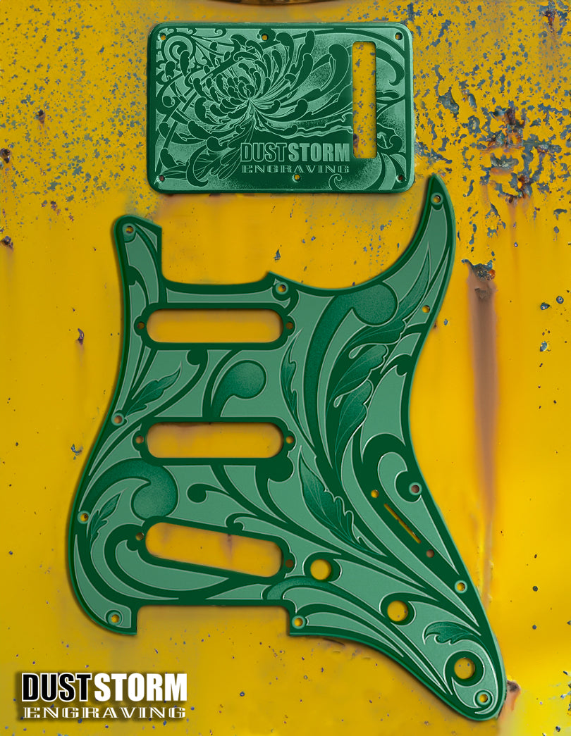 Engraved Pickguard & Free Tremolo Cover in Glossy Acrylic 10 Solid Color Choices Design #1 for Fender Stratocaster HSH, HSS, SSS Setups Available