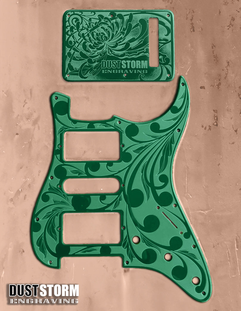 Engraved Pickguard & Free Tremolo Cover in Glossy Acrylic 10 Solid Color Choices Design #2 for Fender Stratocaster HSH, HSS, SSS Setups Available