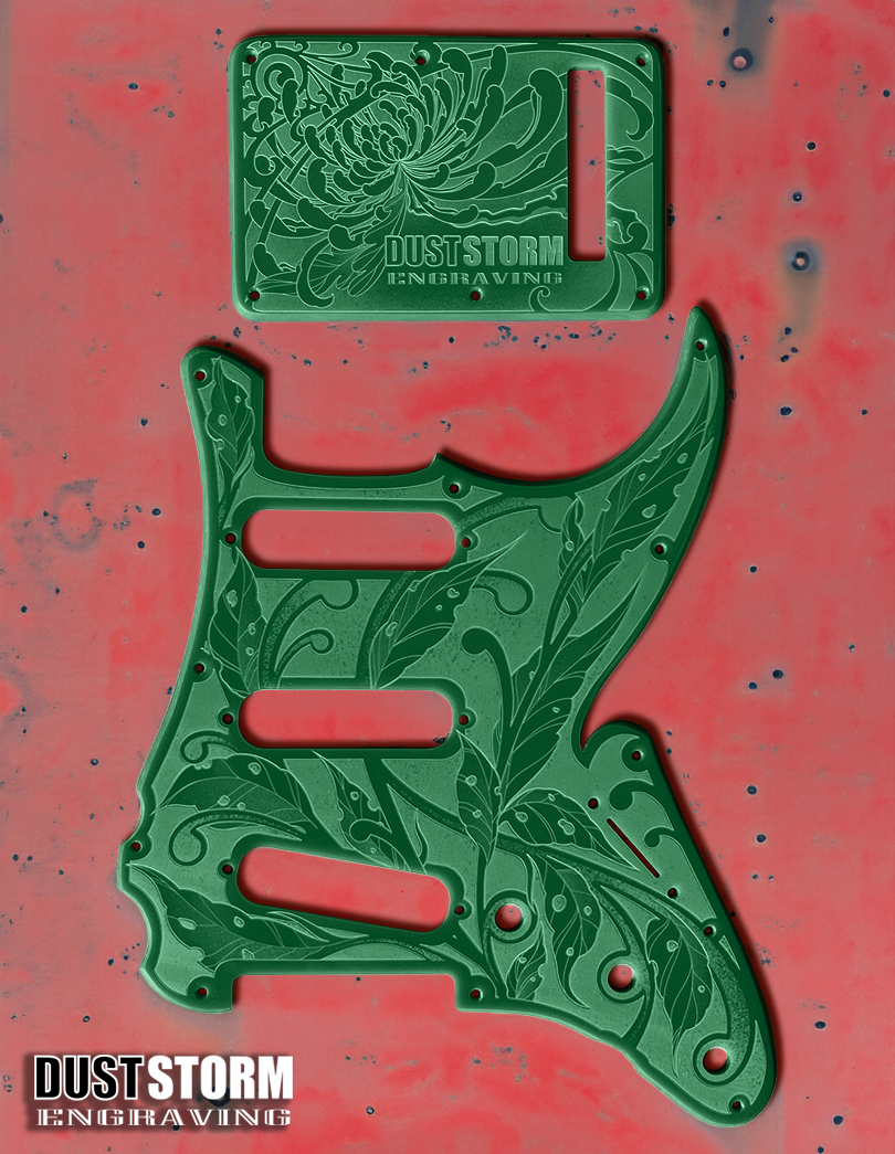Engraved Pickguard & Free Tremolo Cover in Glossy Acrylic 10 Solid Color Choices Design #3 for Fender Stratocaster HSH, HSS, SSS Setups Available