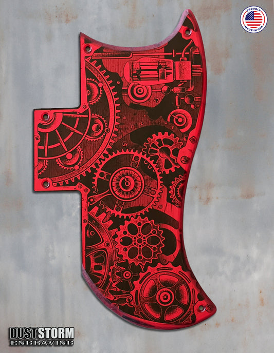 Engraved Steampunk Pickguard for Gibson SG in Red Acrylic Mirror