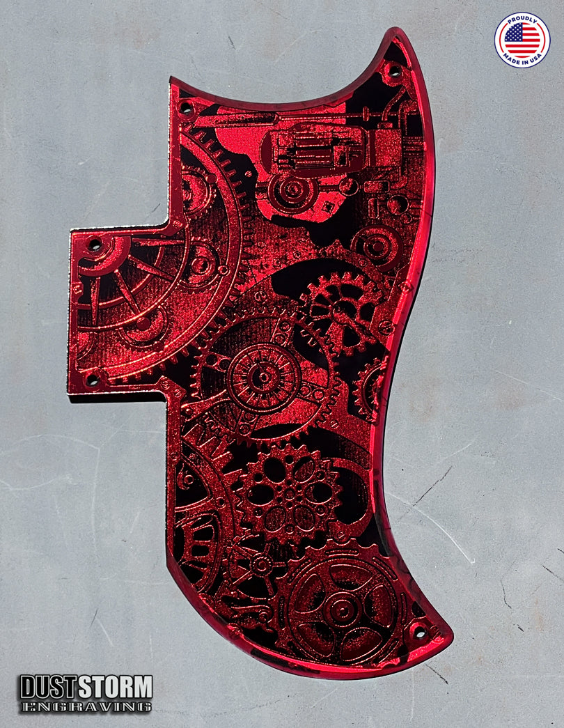 Engraved Steampunk Pickguard for Gibson SG in Red Acrylic Mirror
