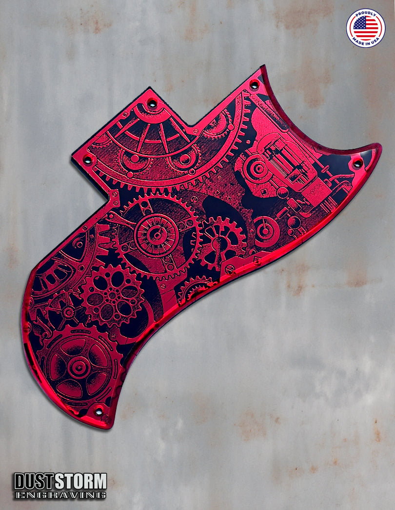 Engraved Steampunk Pickguard for Gibson SG in Red Acrylic Mirror