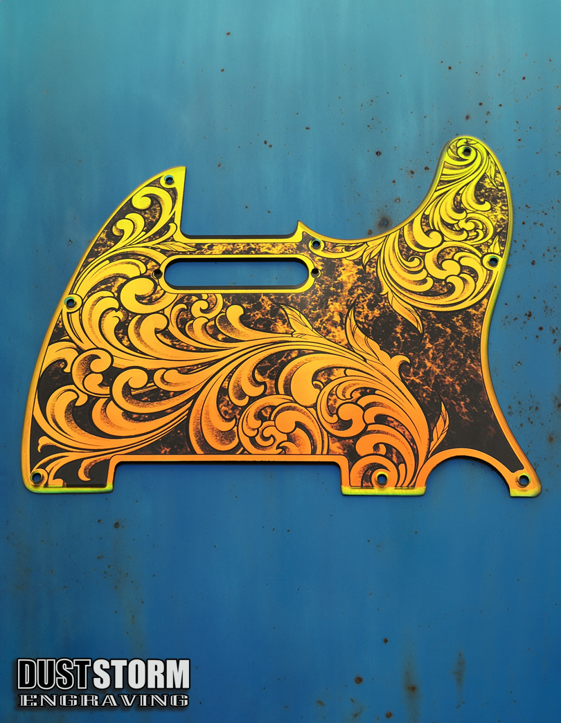 Engraved 8 Hole Pickguard for Fender Telecaster in Iridescent Gold Patina Acrylic Mirror American/Mexican Tele Guitar Scratch Plate Standard or Humbucker Cut Available