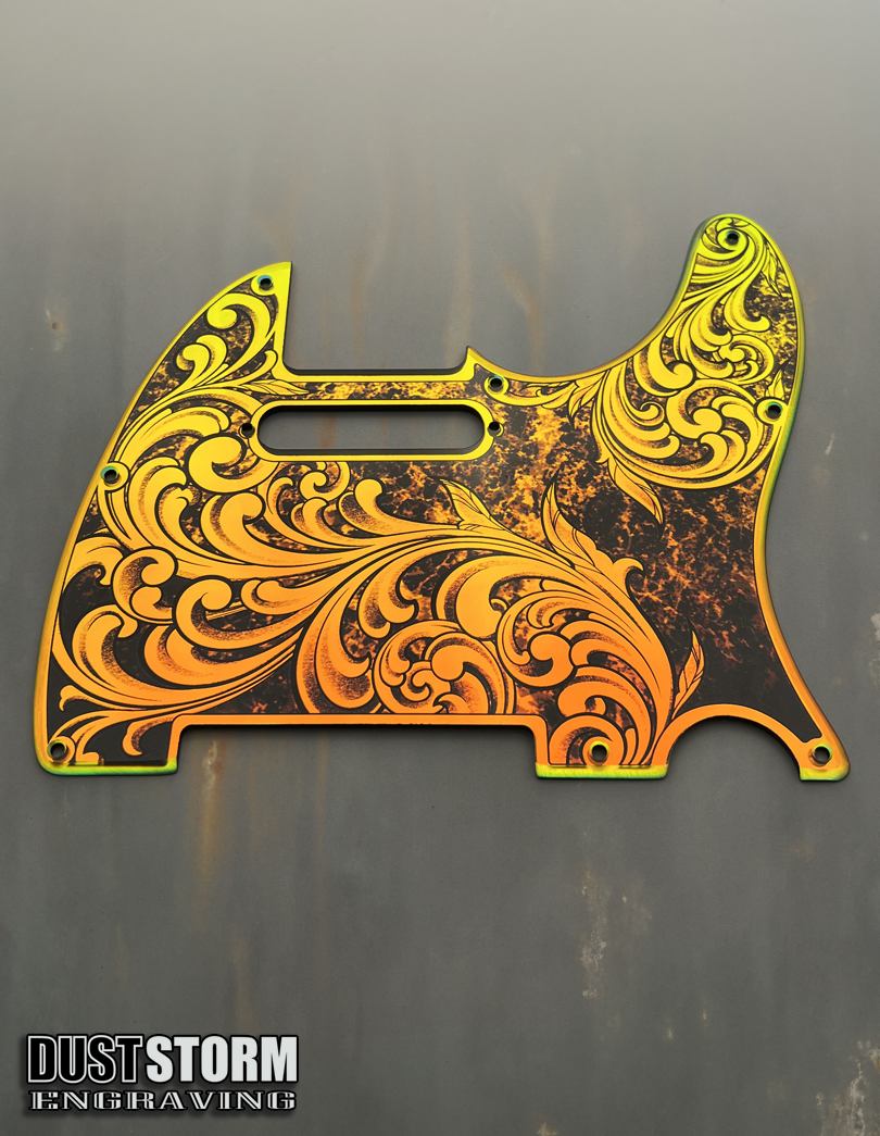 Engraved 8 Hole Pickguard for Fender Telecaster in Iridescent Gold Patina Acrylic Mirror American/Mexican Tele Guitar Scratch Plate Standard or Humbucker Cut Available