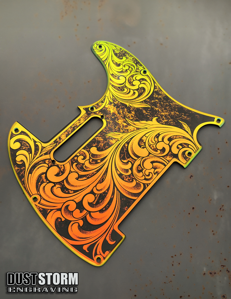 Engraved 8 Hole Pickguard for Fender Telecaster in Iridescent Gold Patina Acrylic Mirror American/Mexican Tele Guitar Scratch Plate Standard or Humbucker Cut Available