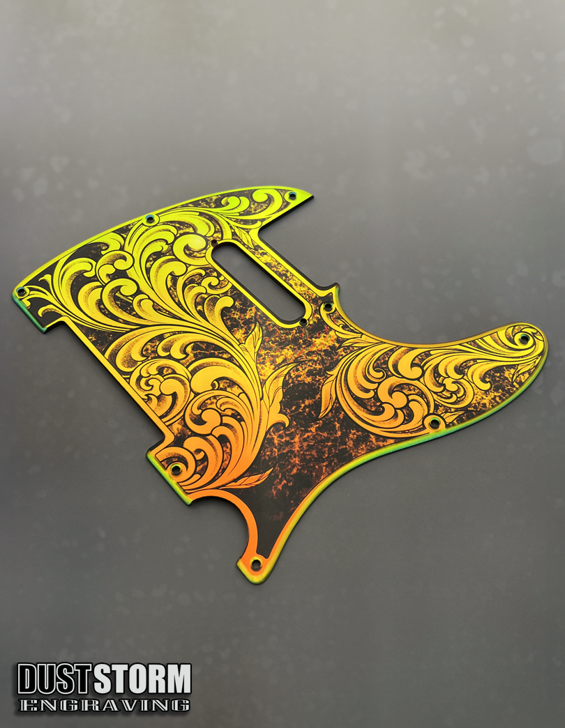 Engraved 8 Hole Pickguard for Fender Telecaster in Iridescent Gold Patina Acrylic Mirror American/Mexican Tele Guitar Scratch Plate Standard or Humbucker Cut Available