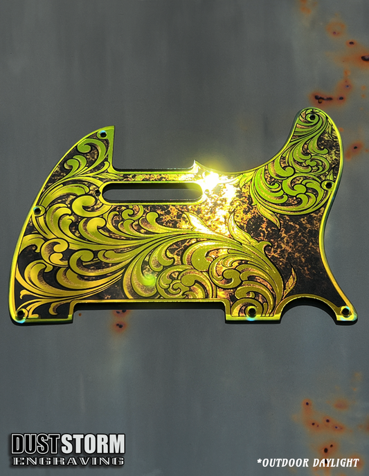 Engraved 8 Hole Pickguard for Fender Telecaster in Iridescent Gold Patina Acrylic Mirror American/Mexican Tele Guitar Scratch Plate Standard or Humbucker Cut Available