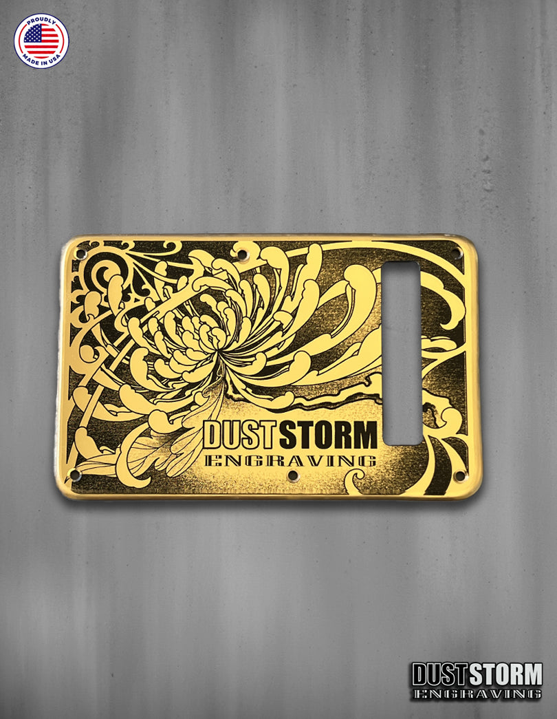 Laser‑Engraved Stratocaster Pickguard for Lari Basilio Pickup Set with Trembucker at Bridge — Gold Acrylic Mirror + Tremolo Cover