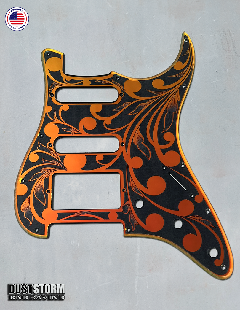 Engraved Pickguard & Free Tremolo Cover in Iridescent Gold Acrylic Mirror Design #2 for Fender Stratocaster HSH, HSS, SSS Setups Available