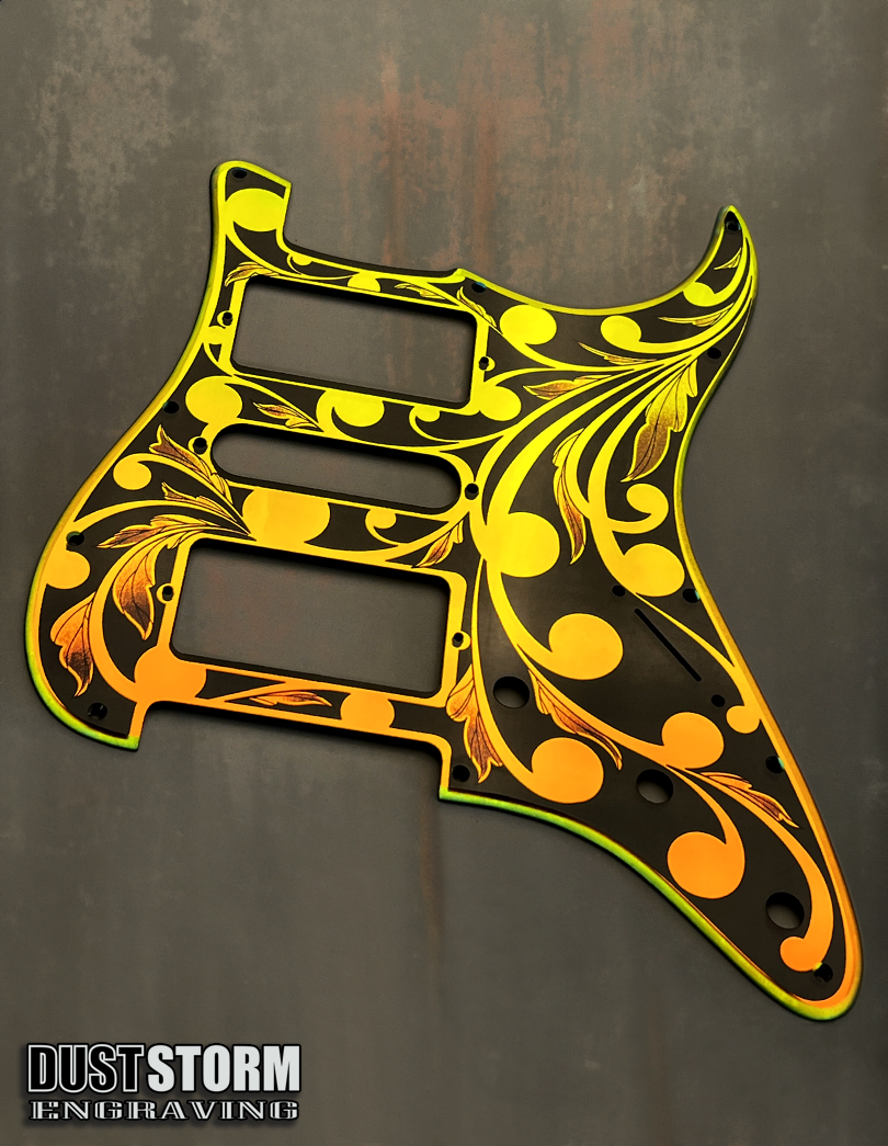 Custom Laser Engraved White Fender Strat Style Guitar Body with Iridescent Gold Acrylic Mirror Pickguard and Tremolo Cover HSH, HSS, SSS Setups Available