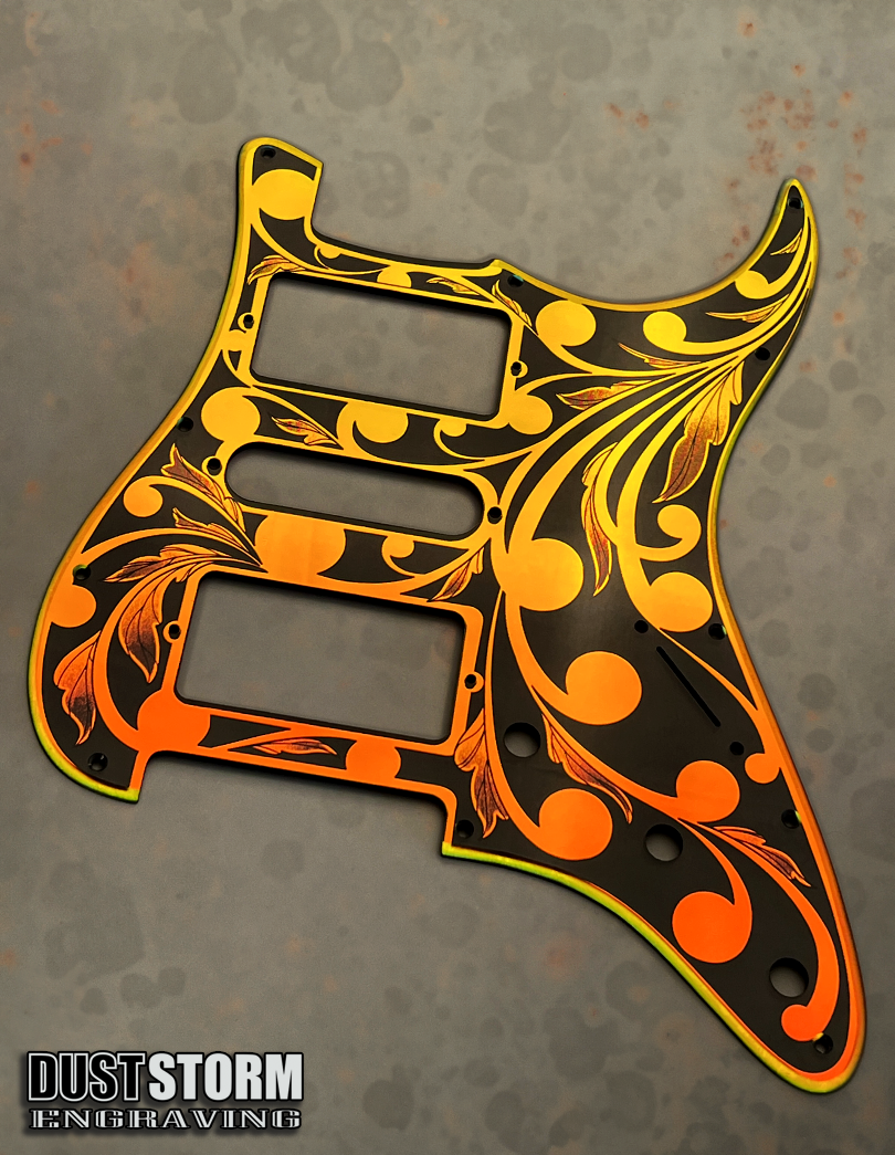 Custom Laser Engraved White Fender Strat Style Guitar Body with Iridescent Gold Acrylic Mirror Pickguard and Tremolo Cover HSH, HSS, SSS Setups Available