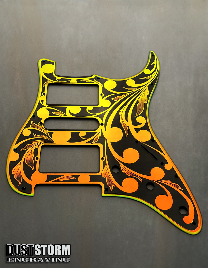 Custom Laser Engraved White Fender Strat Style Guitar Body with Iridescent Gold Acrylic Mirror Pickguard and Tremolo Cover HSH, HSS, SSS Setups Available