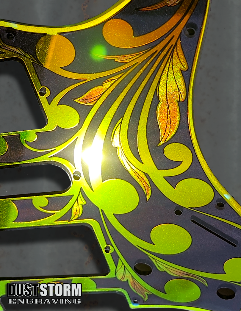 Custom Laser Engraved White Fender Strat Style Guitar Body with Iridescent Gold Acrylic Mirror Pickguard and Tremolo Cover HSH, HSS, SSS Setups Available