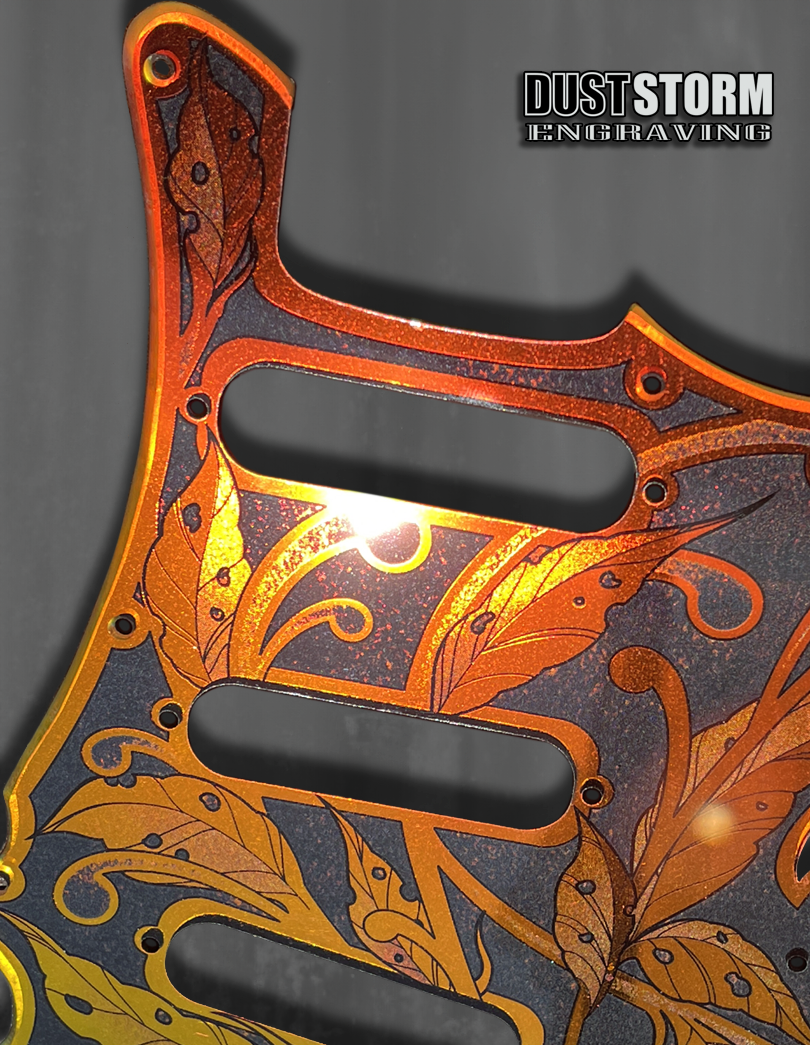 Custom Laser Engraved Pink Fender Strat Style Guitar Body with Iridescent Gold Acrylic Mirror Pickguard and Tremolo Cover HSH, HSS, SSS Setups Available