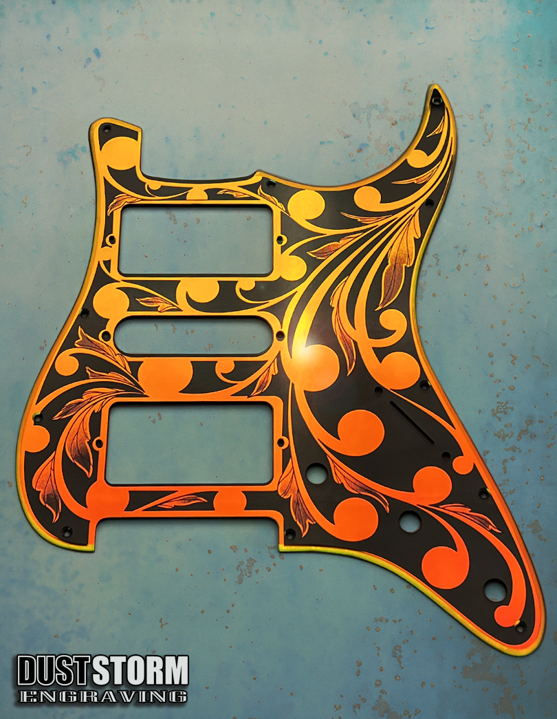 Custom Laser Engraved White Fender Strat Style Guitar Body with Iridescent Gold Acrylic Mirror Pickguard and Tremolo Cover HSH, HSS, SSS Setups Available
