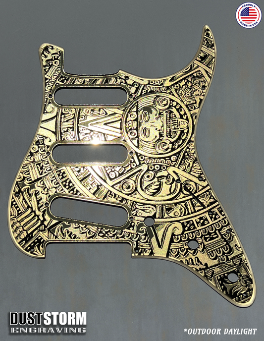 Engraved Mayan Calendar Pickguard for Fender Stratocaster & Free Tremolo Cover Gold Acrylic Mirror SSS, HSS, HSH Setups Available