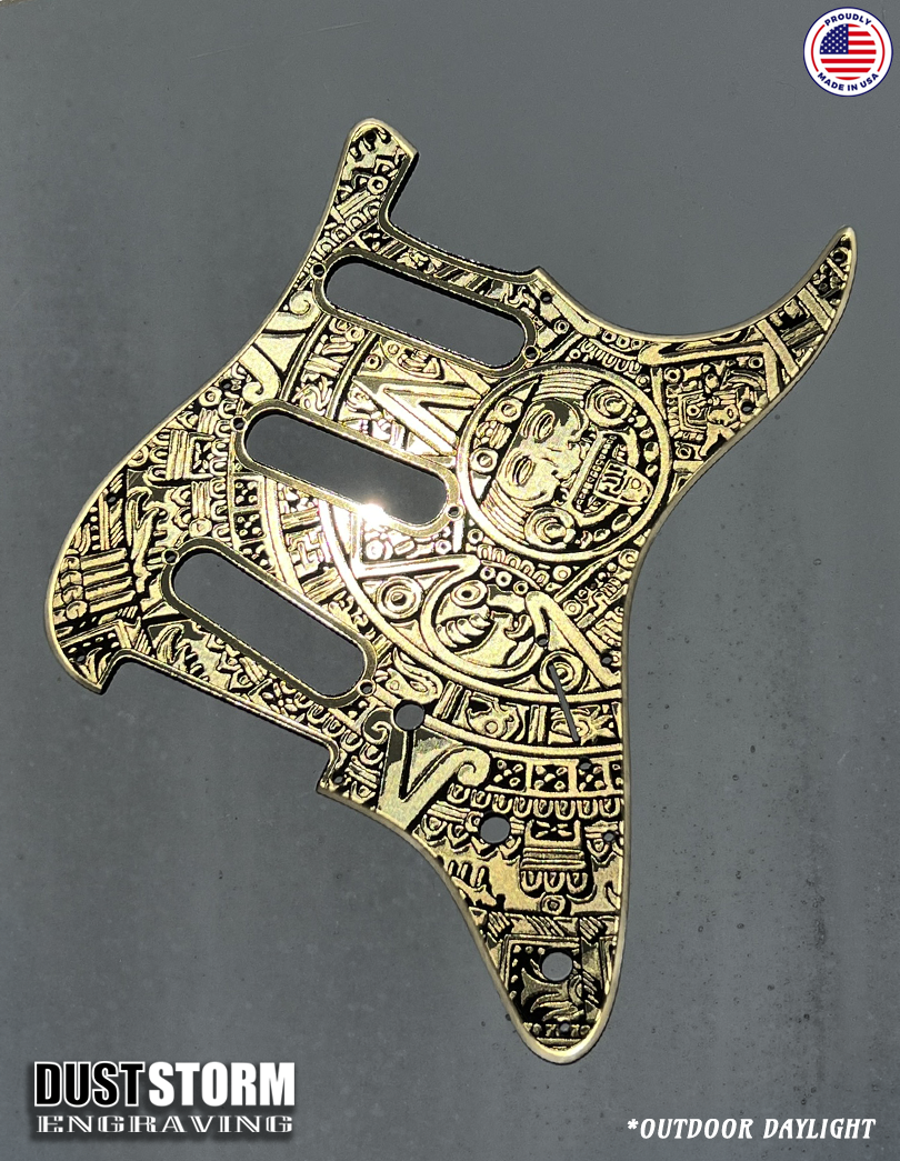 Engraved Mayan Calendar Pickguard for Fender Stratocaster & Free Tremolo Cover Gold Acrylic Mirror SSS, HSS, HSH Setups Available