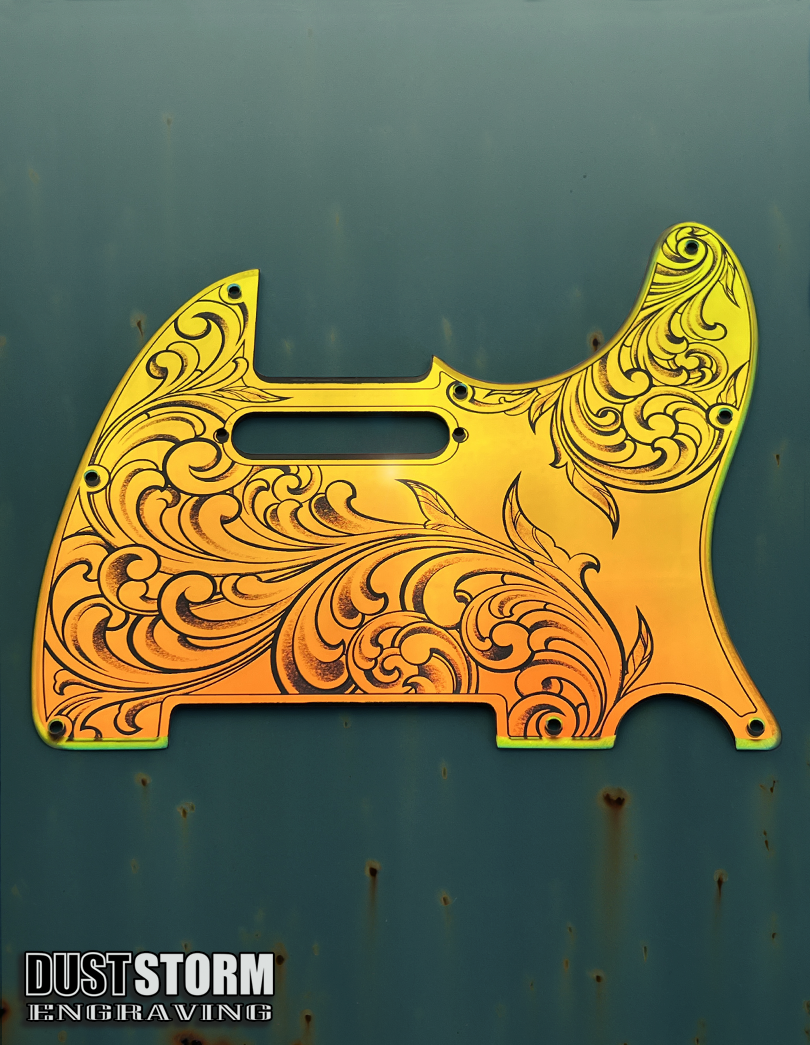 Engraved 8 Hole Pickguard for Fender Telecaster in Iridescent Gold Acrylic Mirror American/Mexican Tele Guitar Scratch Plate Standard or Humbucker Cut Available
