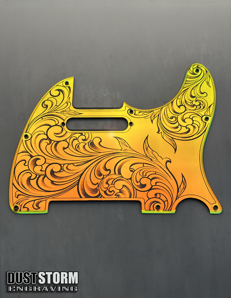 Engraved 8 Hole Pickguard for Fender Telecaster in Iridescent Gold Acrylic Mirror American/Mexican Tele Guitar Scratch Plate Standard or Humbucker Cut Available