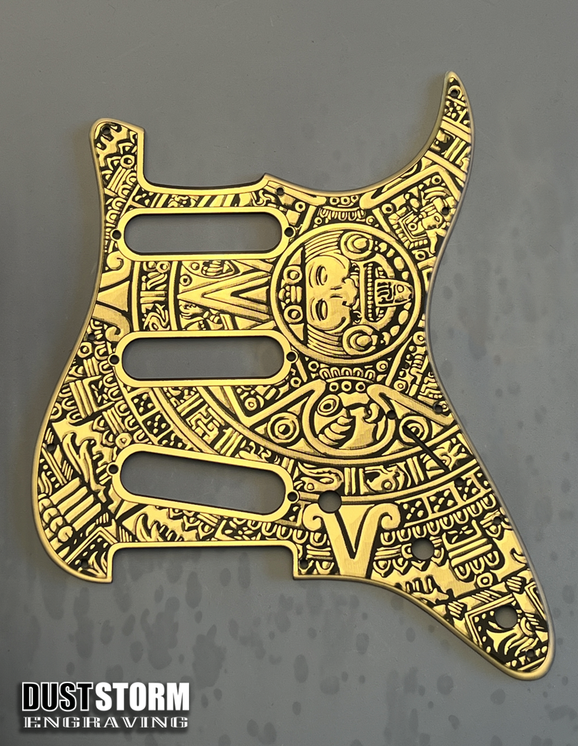 Engraved Mayan Calendar Pickguard for Fender Stratocaster & Free Tremolo Cover Gold Acrylic Mirror SSS, HSS, HSH Setups Available