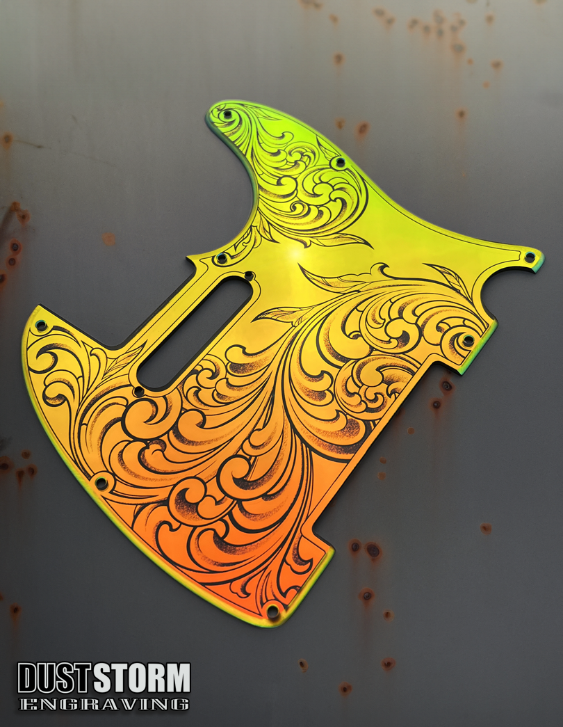 Engraved 8 Hole Pickguard for Fender Telecaster in Iridescent Gold Acrylic Mirror American/Mexican Tele Guitar Scratch Plate Standard or Humbucker Cut Available