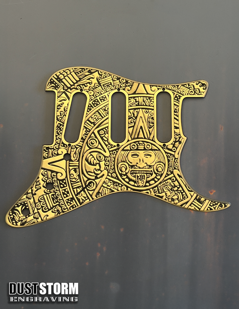 Engraved Mayan Calendar Pickguard for Fender Stratocaster & Free Tremolo Cover Gold Acrylic Mirror SSS, HSS, HSH Setups Available